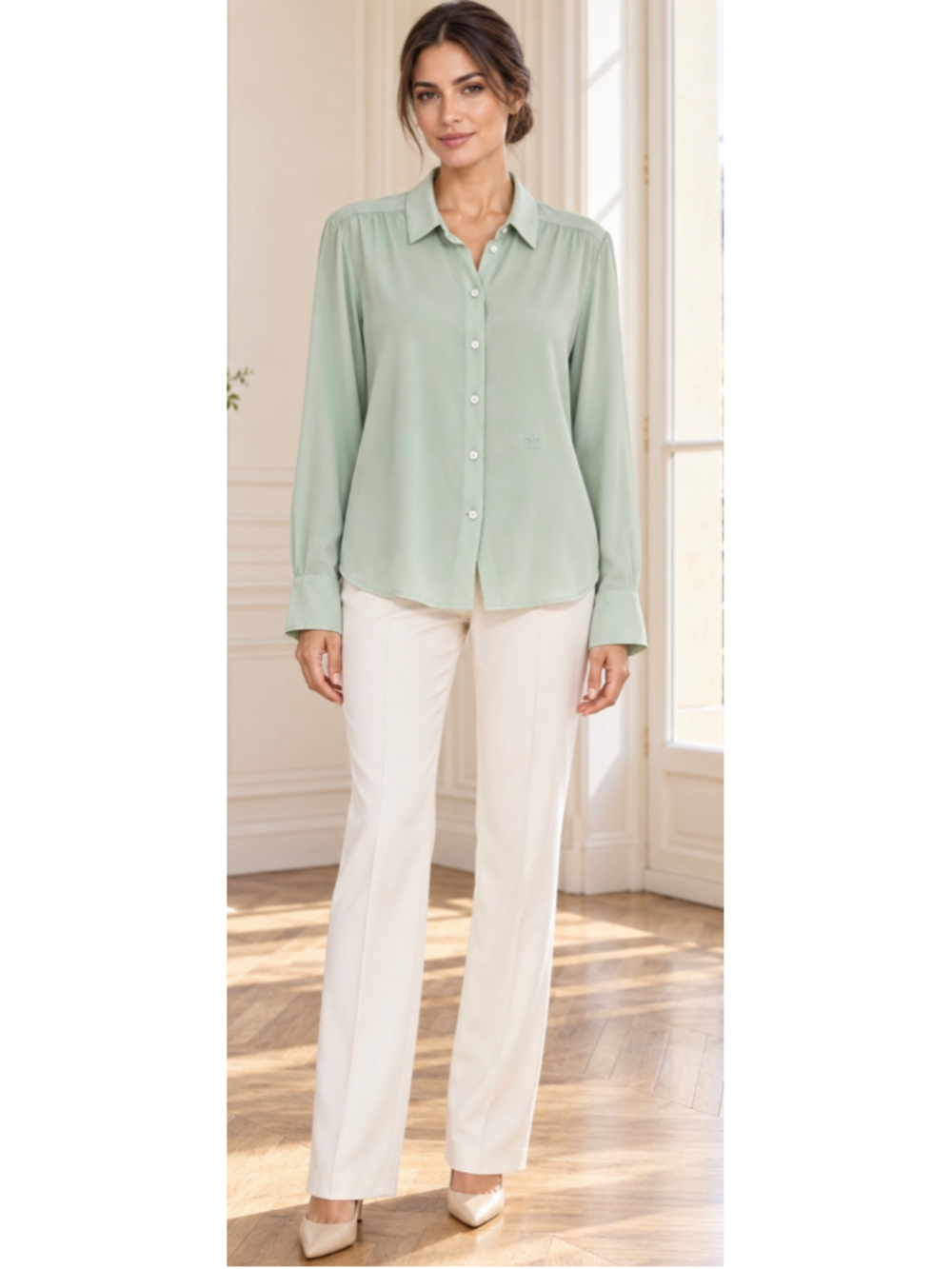 Celine Button Down Shirt Size 8 Light Green 100% Mulberry Silk NWT